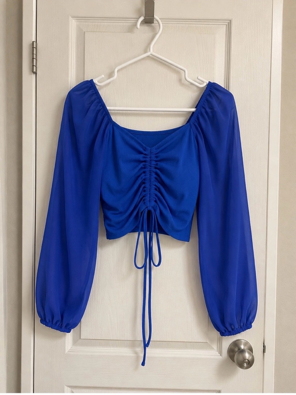 🆕 Women’s Royal Blue Ruched Drawstring Crop Top - Picture 3 of 6